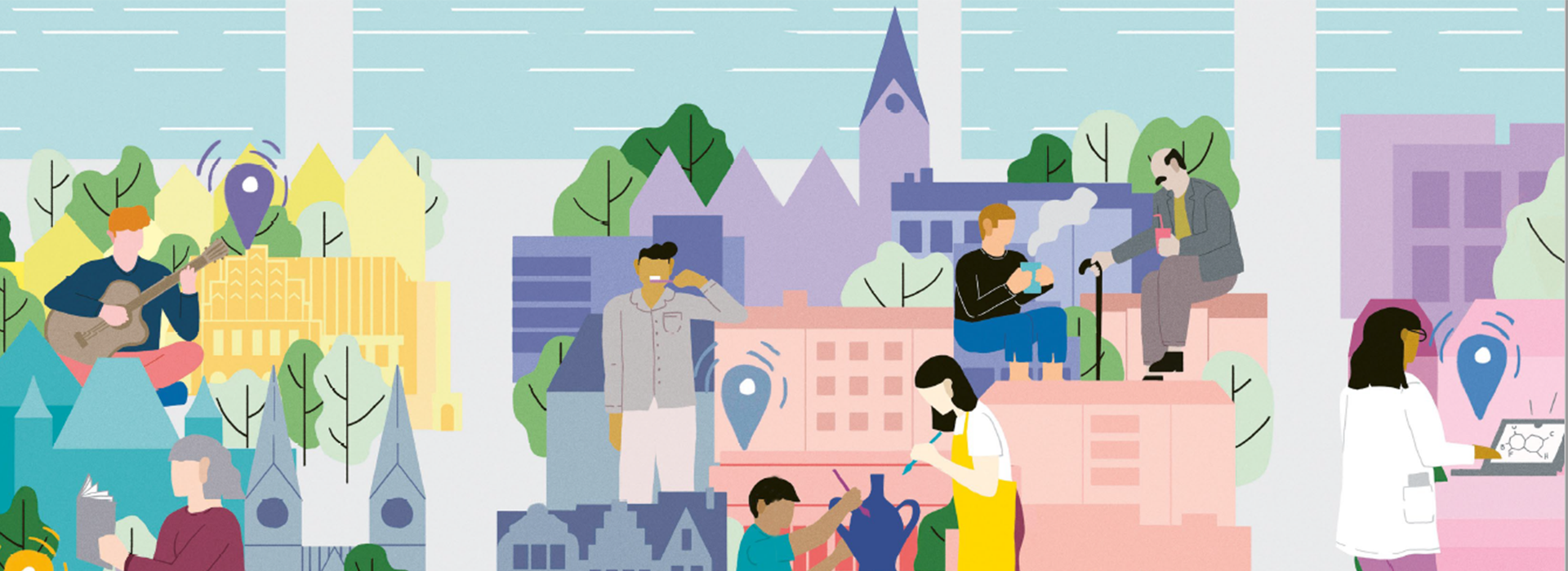 Illustration mehrerer Personen in einer bunten Bremer Innenstadt; Zwei Personen bemalen einen Topf, eine putzt die Zähne, eine hält ein Heißgetränk in der Hand und eine ein Kaltgetränk